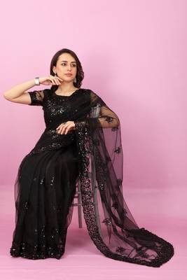 Black Sequins Embroidered Soft Mono Net Saree With Blouse (Un-Stitched) 1