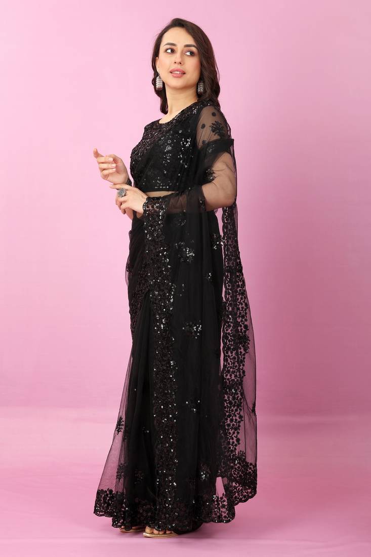 Black Sequins Embroidered Soft Mono Net Saree With Blouse (Un-Stitched)