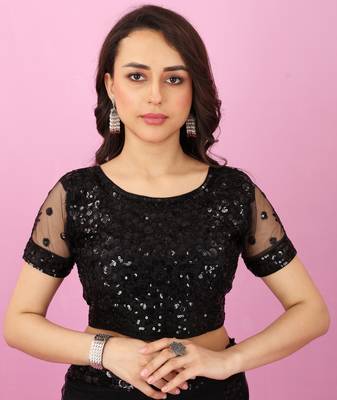 Black Sequins Embroidered Soft Mono Net Saree With Blouse (Un-Stitched) 5
