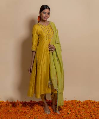 Mustard front yoke kurta set 1