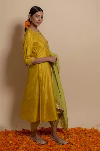 Mustard front yoke kurta set
