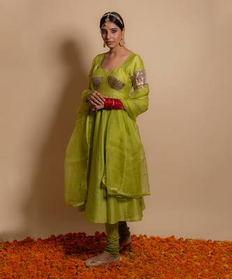 Green front gota patch anarkali set 1