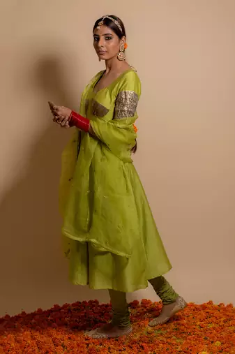 Green front gota patch anarkali set