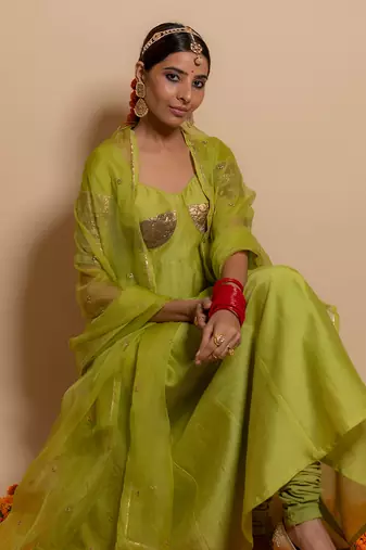 Green front gota patch anarkali set