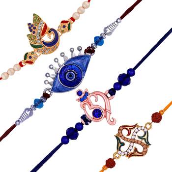 Mahi multicolor combo of evil eye, ganpati, swastik and peacock shaped rakhi set for brother's(rco1105541m) 1