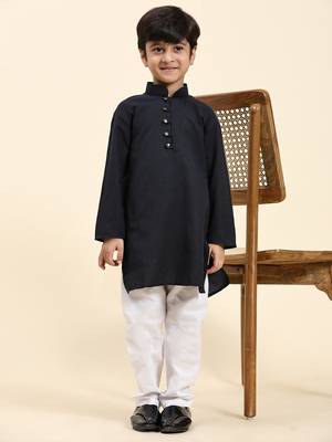 Navy Blue Stripes Cotton Jacquard Kurta Pajama Set for Boys\\Traditional Wear 1