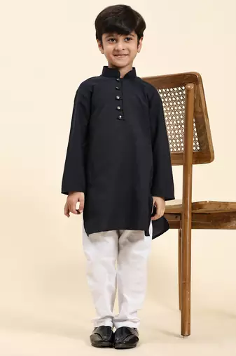 Navy Blue Stripes Cotton Jacquard Kurta Pajama Set for Boys\\Traditional Wear