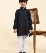 Navy Blue Stripes Cotton Jacquard Kurta Pajama Set for Boys\\Traditional Wear