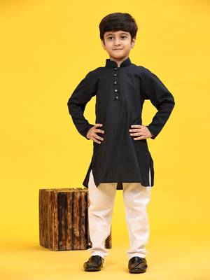 Navy Blue Stripes Cotton Jacquard Kurta Pajama Set for Boys\\Traditional Wear 2