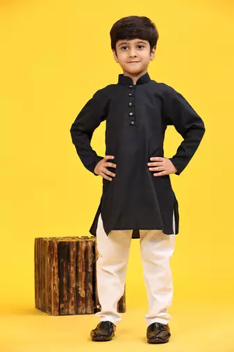 Navy Blue Stripes Cotton Jacquard Kurta Pajama Set for Boys\\Traditional Wear