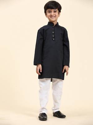 Navy Blue Stripes Cotton Jacquard Kurta Pajama Set for Boys\\Traditional Wear 3
