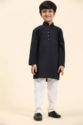 Navy Blue Stripes Cotton Jacquard Kurta Pajama Set for Boys\\Traditional Wear