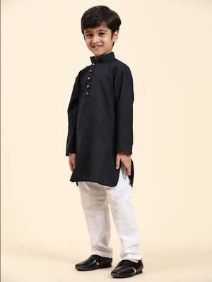 Navy Blue Stripes Cotton Jacquard Kurta Pajama Set for Boys\\Traditional Wear 4
