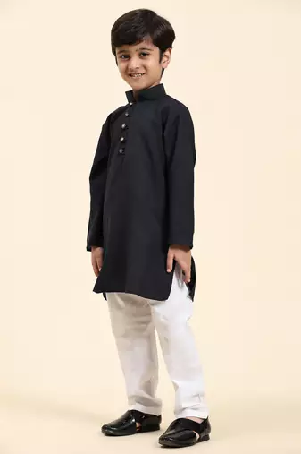 Navy Blue Stripes Cotton Jacquard Kurta Pajama Set for Boys\\Traditional Wear