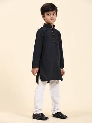 Navy Blue Stripes Cotton Jacquard Kurta Pajama Set for Boys\\Traditional Wear 5
