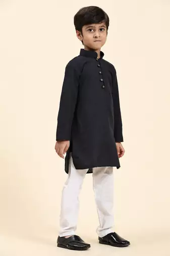 Navy Blue Stripes Cotton Jacquard Kurta Pajama Set for Boys\\Traditional Wear