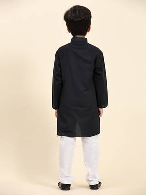 Navy Blue Stripes Cotton Jacquard Kurta Pajama Set for Boys\\Traditional Wear 6