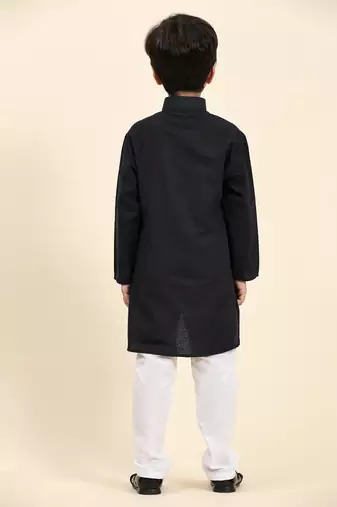 Navy Blue Stripes Cotton Jacquard Kurta Pajama Set for Boys\\Traditional Wear