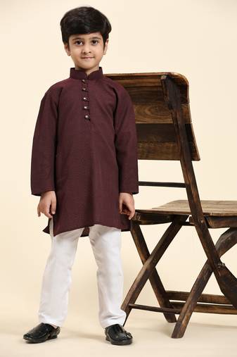 Maroon Stripes Cotton Jacquard Kurta Pajama Set for Boys\\Traditional Wear