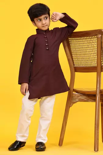 Maroon Stripes Cotton Jacquard Kurta Pajama Set for Boys\\Traditional Wear