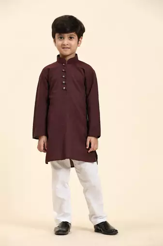 Maroon Stripes Cotton Jacquard Kurta Pajama Set for Boys\\Traditional Wear