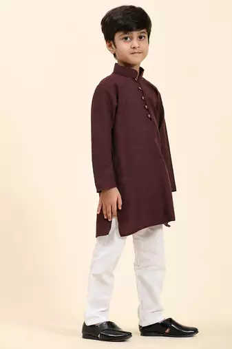 Maroon Stripes Cotton Jacquard Kurta Pajama Set for Boys\\Traditional Wear