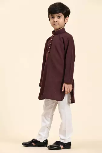 Maroon Stripes Cotton Jacquard Kurta Pajama Set for Boys\\Traditional Wear