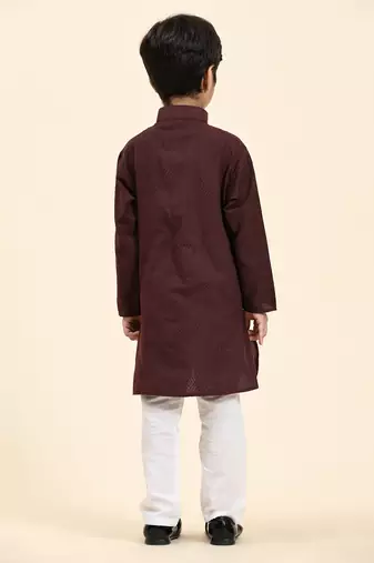 Maroon Stripes Cotton Jacquard Kurta Pajama Set for Boys\\Traditional Wear