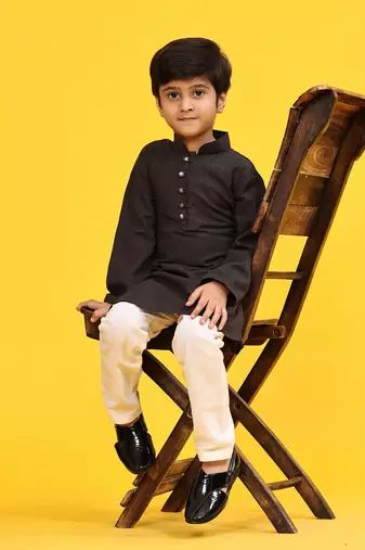 Black Stripes Cotton Jacquard Kurta Pajama Set for Boys\\Traditional Wear