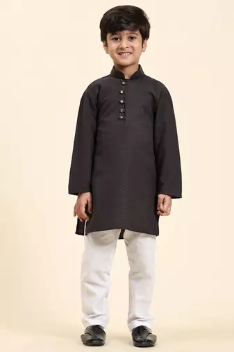 Black Stripes Cotton Jacquard Kurta Pajama Set for Boys\\Traditional Wear
