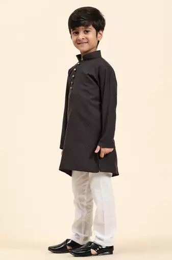 Black Stripes Cotton Jacquard Kurta Pajama Set for Boys\\Traditional Wear