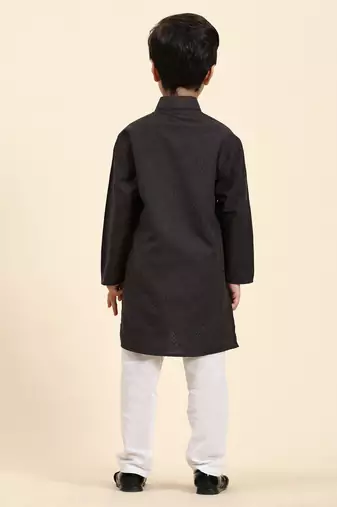 Black Stripes Cotton Jacquard Kurta Pajama Set for Boys\\Traditional Wear