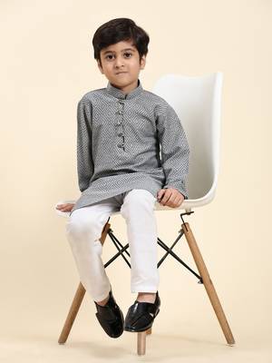 Grey Stripes Cotton Jacquard Kurta Pajama Set for Boys\\Traditional Wear 1