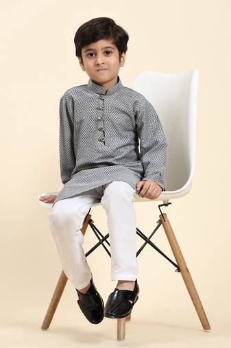 Grey Stripes Cotton Jacquard Kurta Pajama Set for Boys\\Traditional Wear