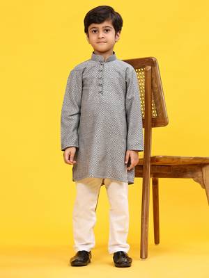 Grey Stripes Cotton Jacquard Kurta Pajama Set for Boys\\Traditional Wear 2