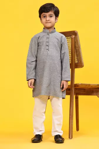 Grey Stripes Cotton Jacquard Kurta Pajama Set for Boys\\Traditional Wear