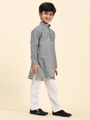 Grey Stripes Cotton Jacquard Kurta Pajama Set for Boys\\Traditional Wear 3