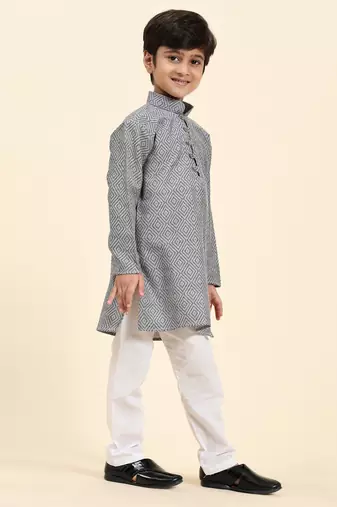 Grey Stripes Cotton Jacquard Kurta Pajama Set for Boys\\Traditional Wear