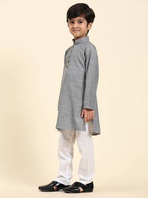 Grey Stripes Cotton Jacquard Kurta Pajama Set for Boys\\Traditional Wear 4