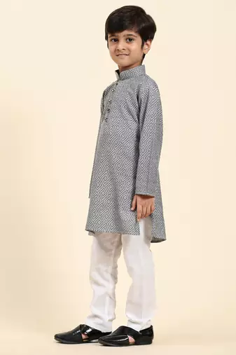 Grey Stripes Cotton Jacquard Kurta Pajama Set for Boys\\Traditional Wear