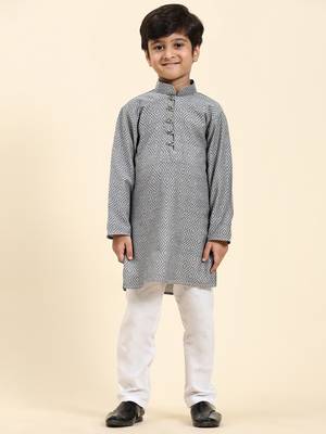 Grey Stripes Cotton Jacquard Kurta Pajama Set for Boys\\Traditional Wear 5