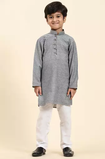 Grey Stripes Cotton Jacquard Kurta Pajama Set for Boys\\Traditional Wear
