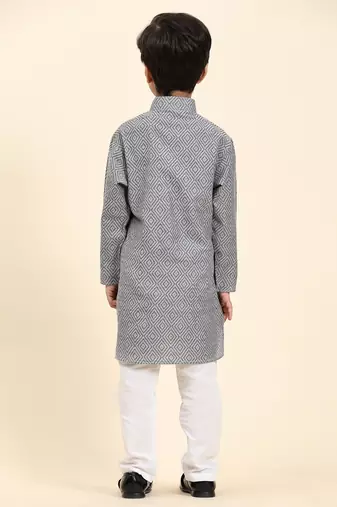 Grey Stripes Cotton Jacquard Kurta Pajama Set for Boys\\Traditional Wear