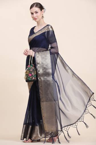 Rujave Navy Blue Chiffon Sarees With Blouse