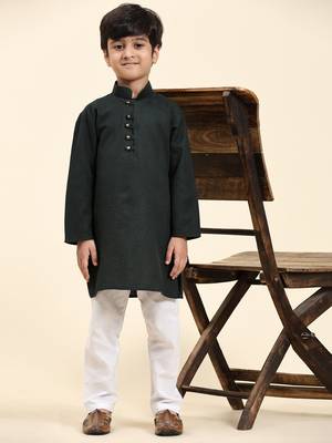 Dark Green Stripes Cotton Jacquard Kurta Pajama Set for Boys\\Traditional Wear 1