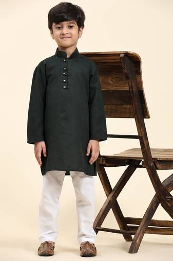Dark Green Stripes Cotton Jacquard Kurta Pajama Set for Boys\\Traditional Wear