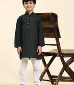 Dark Green Stripes Cotton Jacquard Kurta Pajama Set for Boys\\Traditional Wear