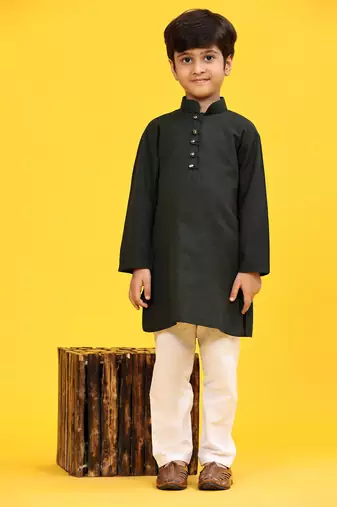 Dark Green Stripes Cotton Jacquard Kurta Pajama Set for Boys\\Traditional Wear