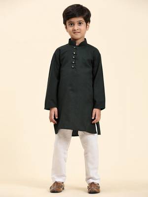 Dark Green Stripes Cotton Jacquard Kurta Pajama Set for Boys\\Traditional Wear 3