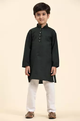 Dark Green Stripes Cotton Jacquard Kurta Pajama Set for Boys\\Traditional Wear